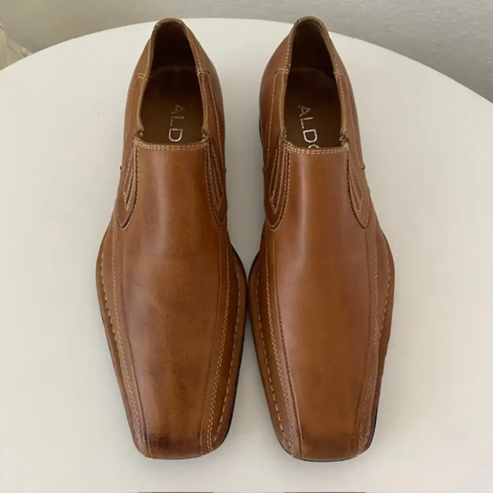 Aldo Loafers Cognac Brown Leather Slip-On Side Stretch Men's 41 (US 8)‎